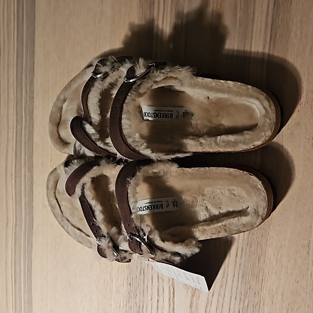 Birkenstock Mayari Shearling Oiled Leather brown Sandals Size 36 new